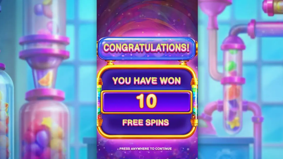 Tampilan antarmuka slot Sweet Burst dengan tema laboratorium permen neon